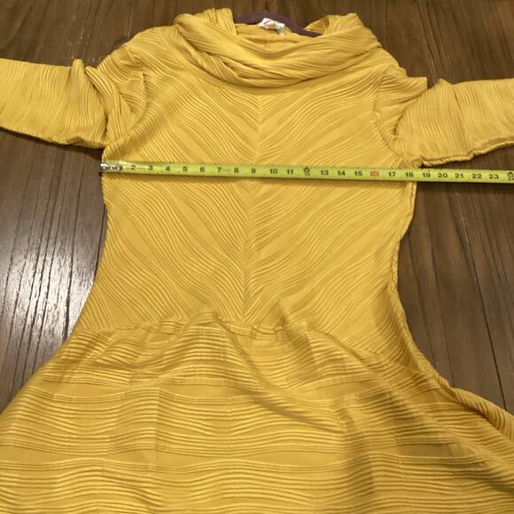 Vintage Lisa Rene cowl neck 3/4 sleeve yellow swirl pattern tunic mini dress L - Picture 8 of 10